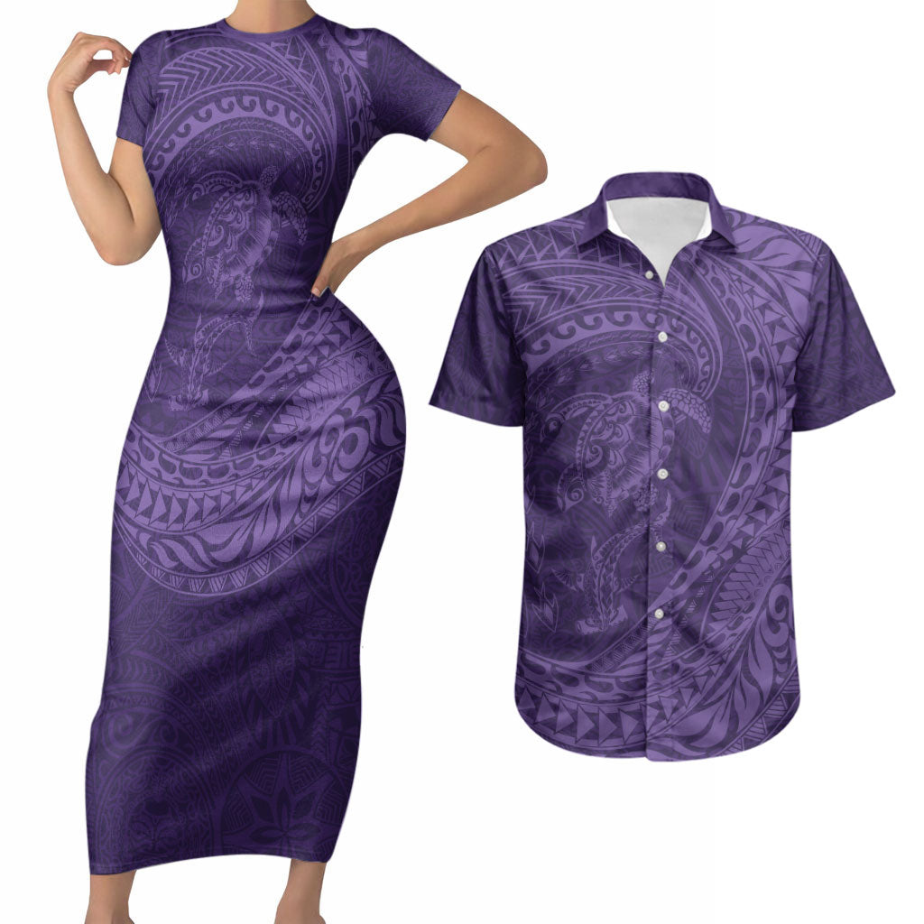 Hawaiian Turtle and Shark Couples Matching Short Sleeve Bodycon Dress and Hawaiian Shirt Kakau Tribal with Polynesian Pattern Purple Color LT03 Purple - Polynesian Pride