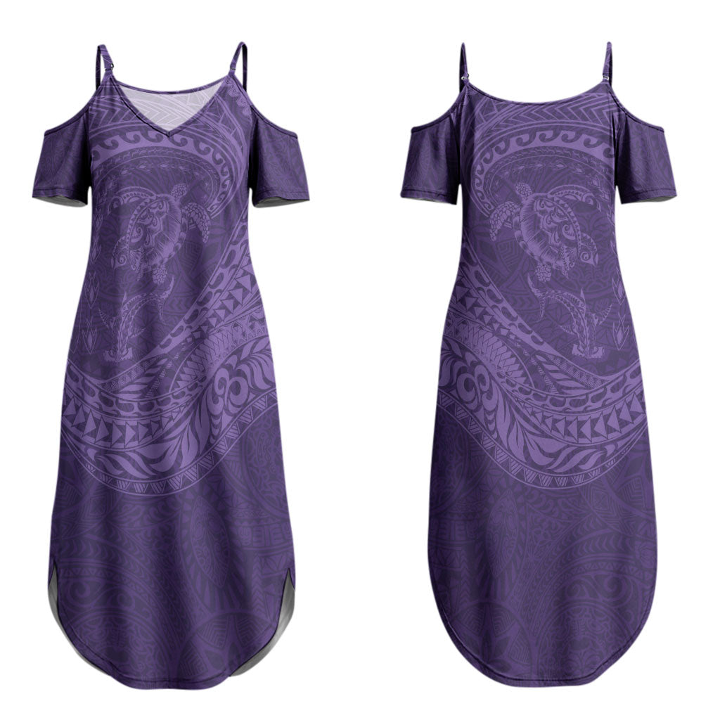 Hawaiian Turtle and Shark Couples Matching Summer Maxi Dress and Long Sleeve Button Shirt Kakau Tribal with Polynesian Pattern Purple Color LT03 - Polynesian Pride