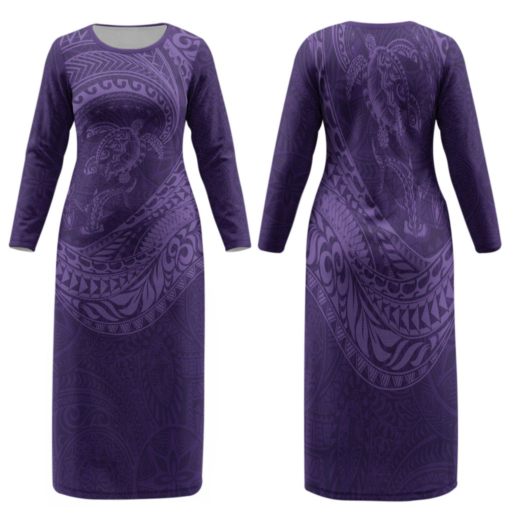 Hawaiian Turtle and Shark Family Matching Long Sleeve Bodycon Dress and Hawaiian Shirt Kakau Tribal with Polynesian Pattern Purple Color LT03 Mom's Dress Purple - Polynesian Pride