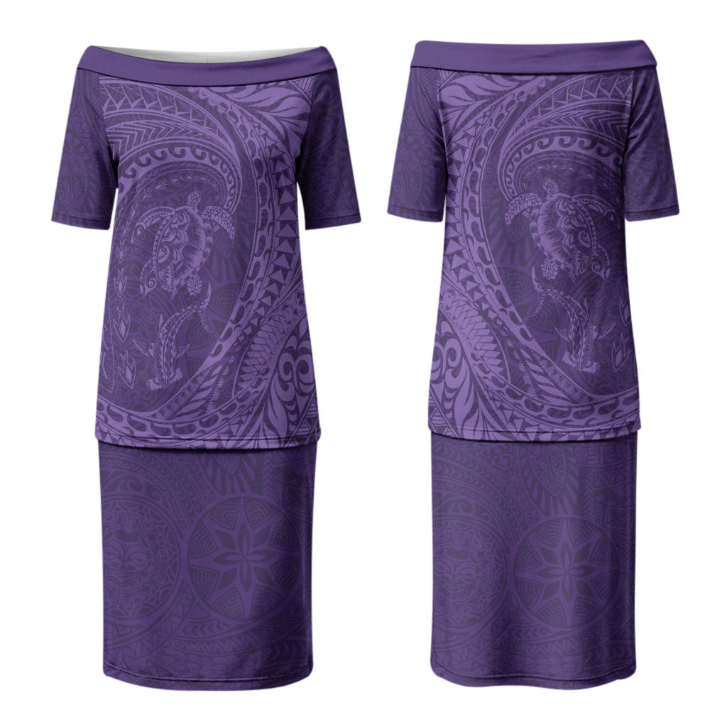 Hawaiian Turtle and Shark Family Matching Puletasi and Hawaiian Shirt Kakau Tribal with Polynesian Pattern Purple Color LT03 Mom's Dress Purple - Polynesian Pride