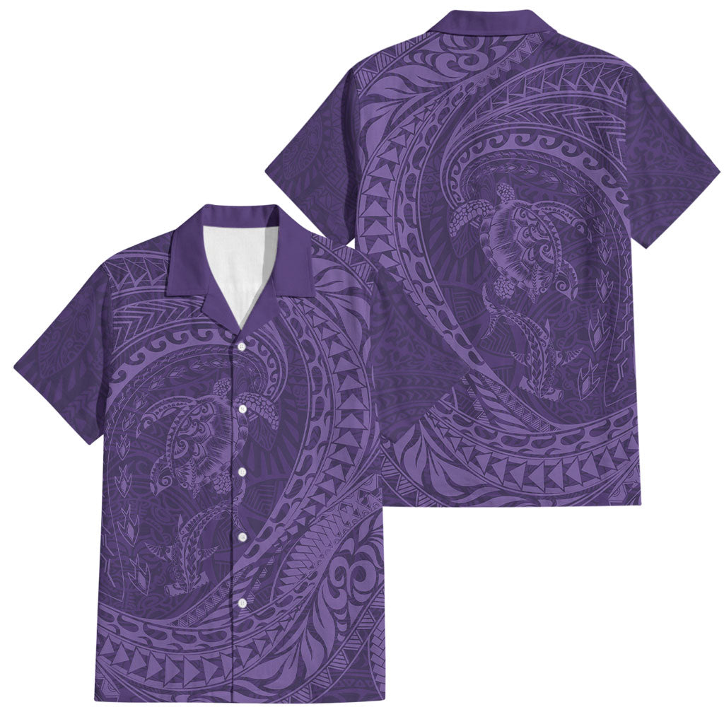 Hawaiian Turtle and Shark Family Matching Short Sleeve Bodycon Dress and Hawaiian Shirt Kakau Tribal with Polynesian Pattern Purple Color