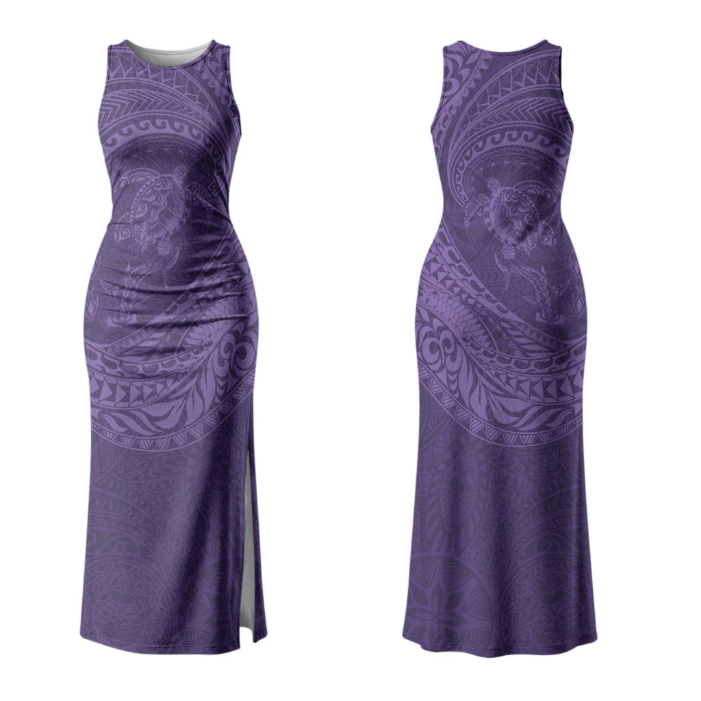 Hawaiian Turtle and Shark Family Matching Tank Maxi Dress and Hawaiian Shirt Kakau Tribal with Polynesian Pattern Purple Color LT03 Mom's Dress Purple - Polynesian Pride
