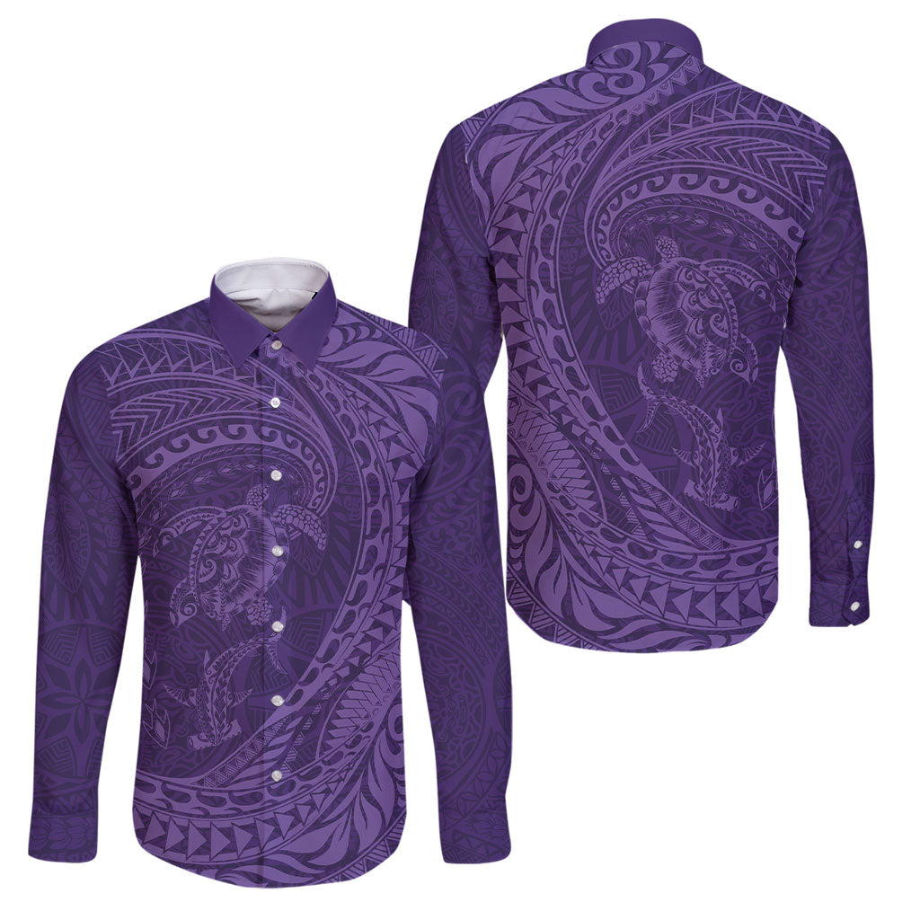 Hawaiian Turtle and Shark Family Matching Tank Maxi Dress and Hawaiian Shirt Kakau Tribal with Polynesian Pattern Purple Color LT03 Dad's Shirt - Long Sleeve Purple - Polynesian Pride