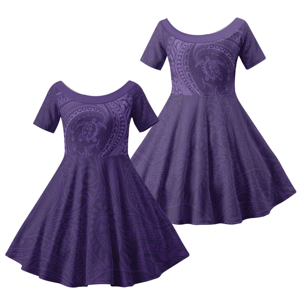 Hawaiian Turtle and Shark Family Matching Tank Maxi Dress and Hawaiian Shirt Kakau Tribal with Polynesian Pattern Purple Color LT03 Daughter's Dress Purple - Polynesian Pride