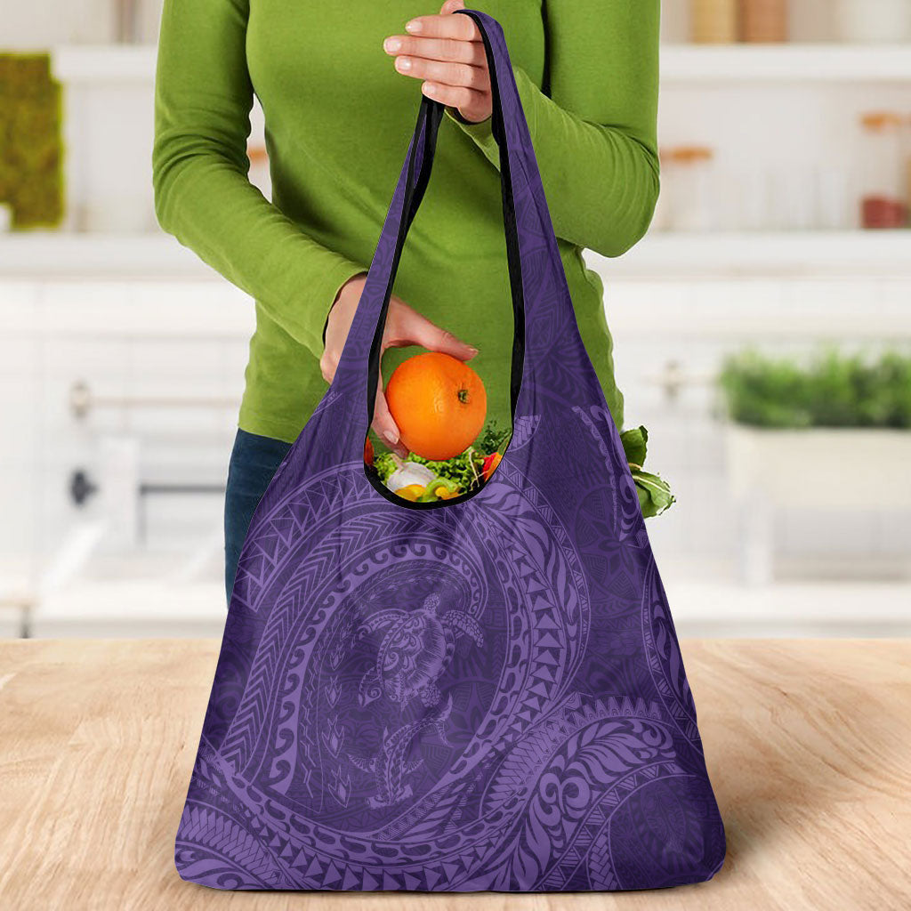 Hawaiian Turtle and Shark Grocery Bag Kakau Tribal with Polynesian Pattern Purple Color LT03 - Polynesian Pride