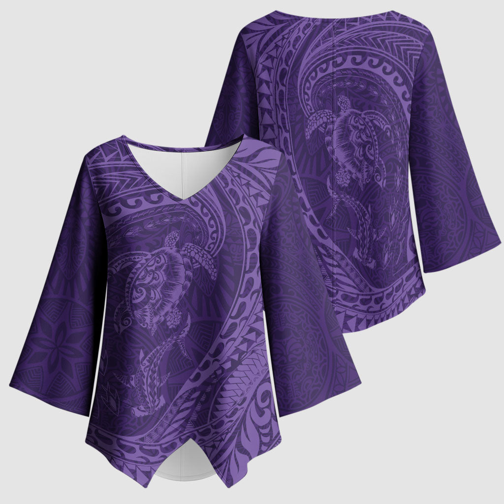 Hawaiian Turtle and Shark Kimono Sleeve Blouse Kakau Tribal with Polynesian Pattern Purple Color LT03 - Polynesian Pride
