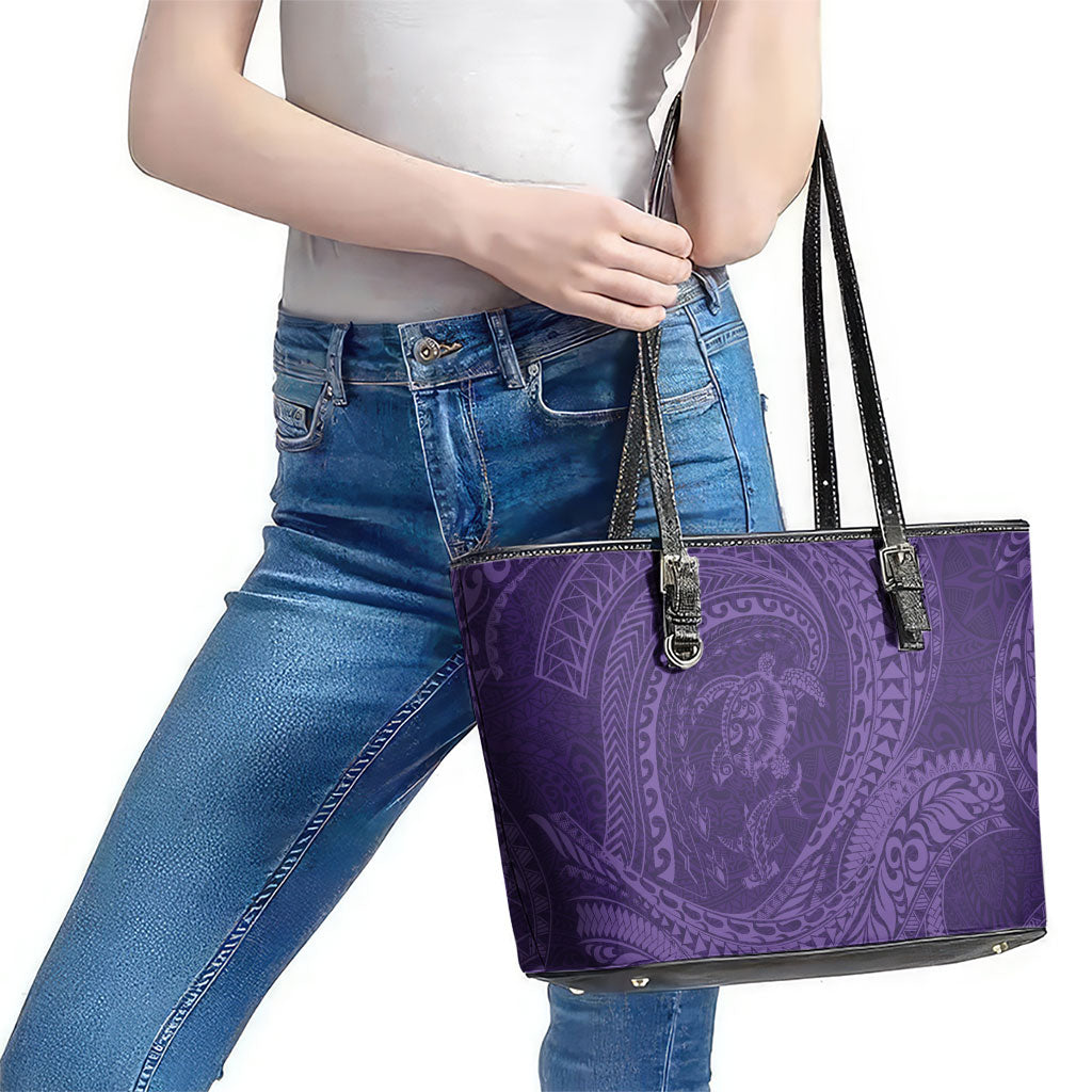 Hawaiian Turtle and Shark Leather Tote Bag Kakau Tribal with Polynesian Pattern Purple Color LT03 - Polynesian Pride