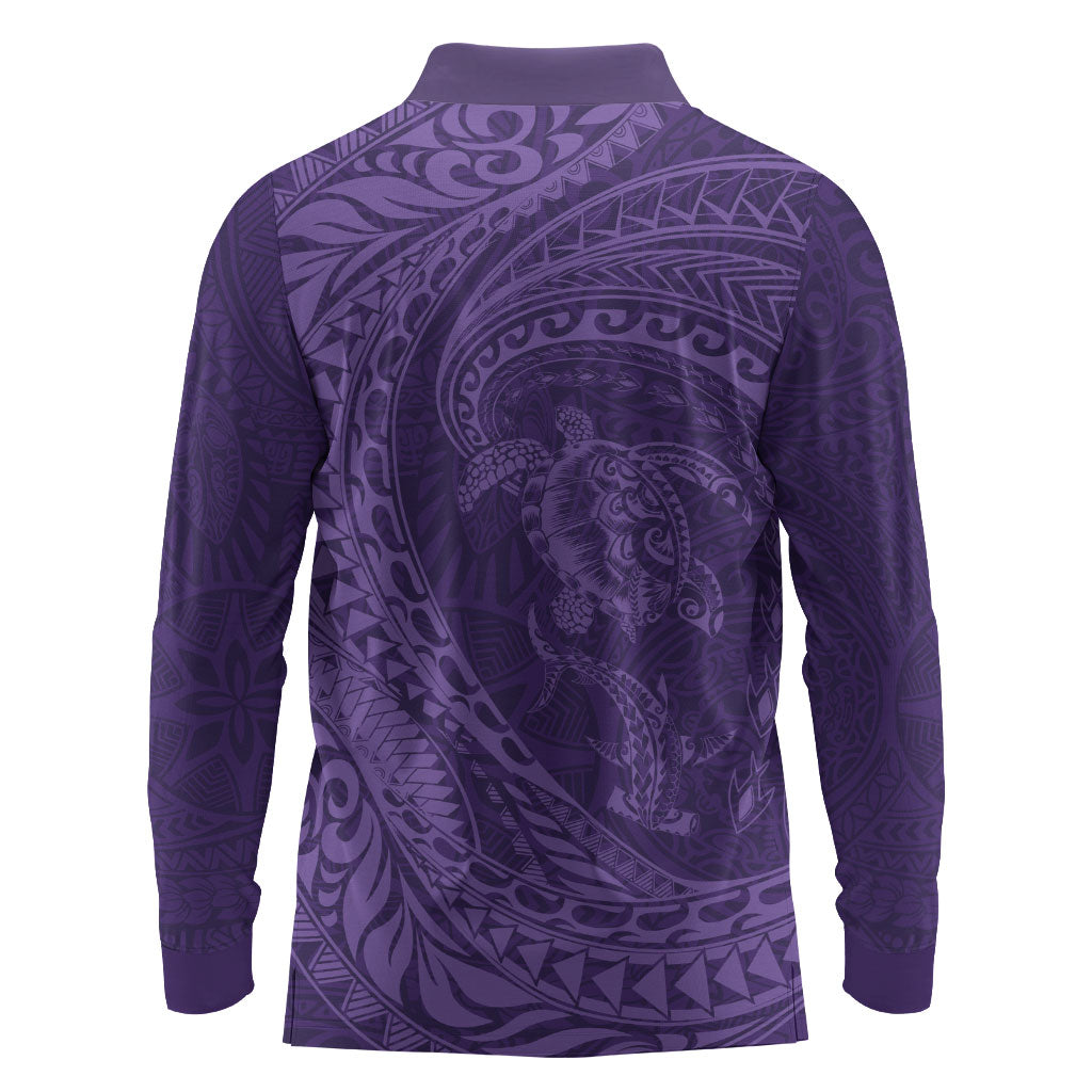 Hawaiian Turtle and Shark Long Sleeve Polo Shirt Kakau Tribal with Polynesian Pattern Purple Color LT03 - Polynesian Pride