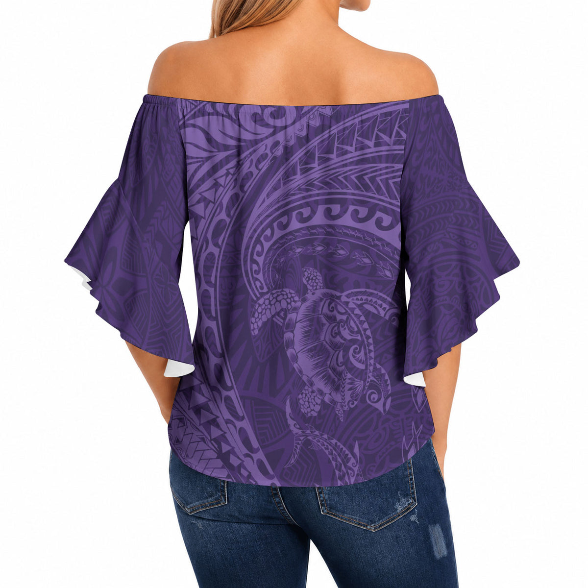 Hawaiian Turtle and Shark Off Shoulder Wrap Waist Top Kakau Tribal with Polynesian Pattern Purple Color LT03 - Polynesian Pride