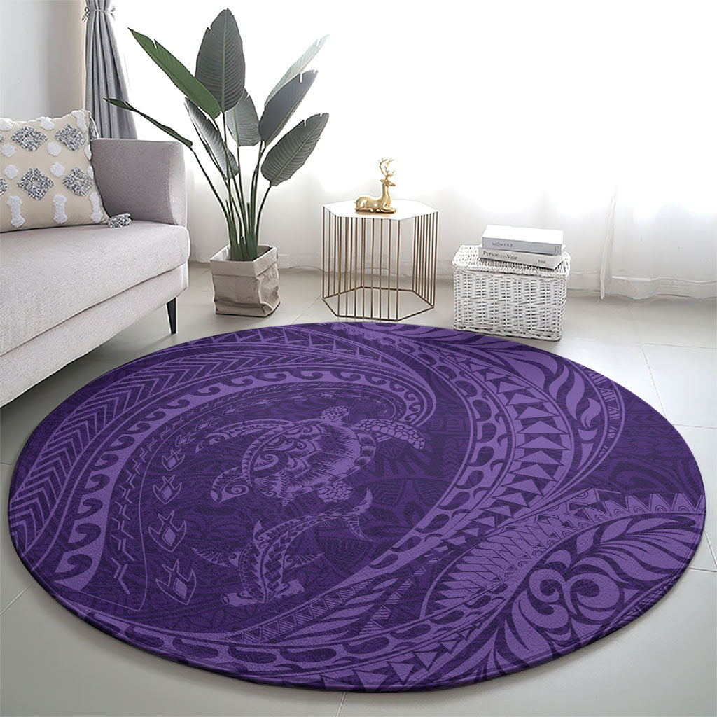 Hawaiian Turtle and Shark Round Carpet Kakau Tribal with Polynesian Pattern Purple Color LT03 - Polynesian Pride
