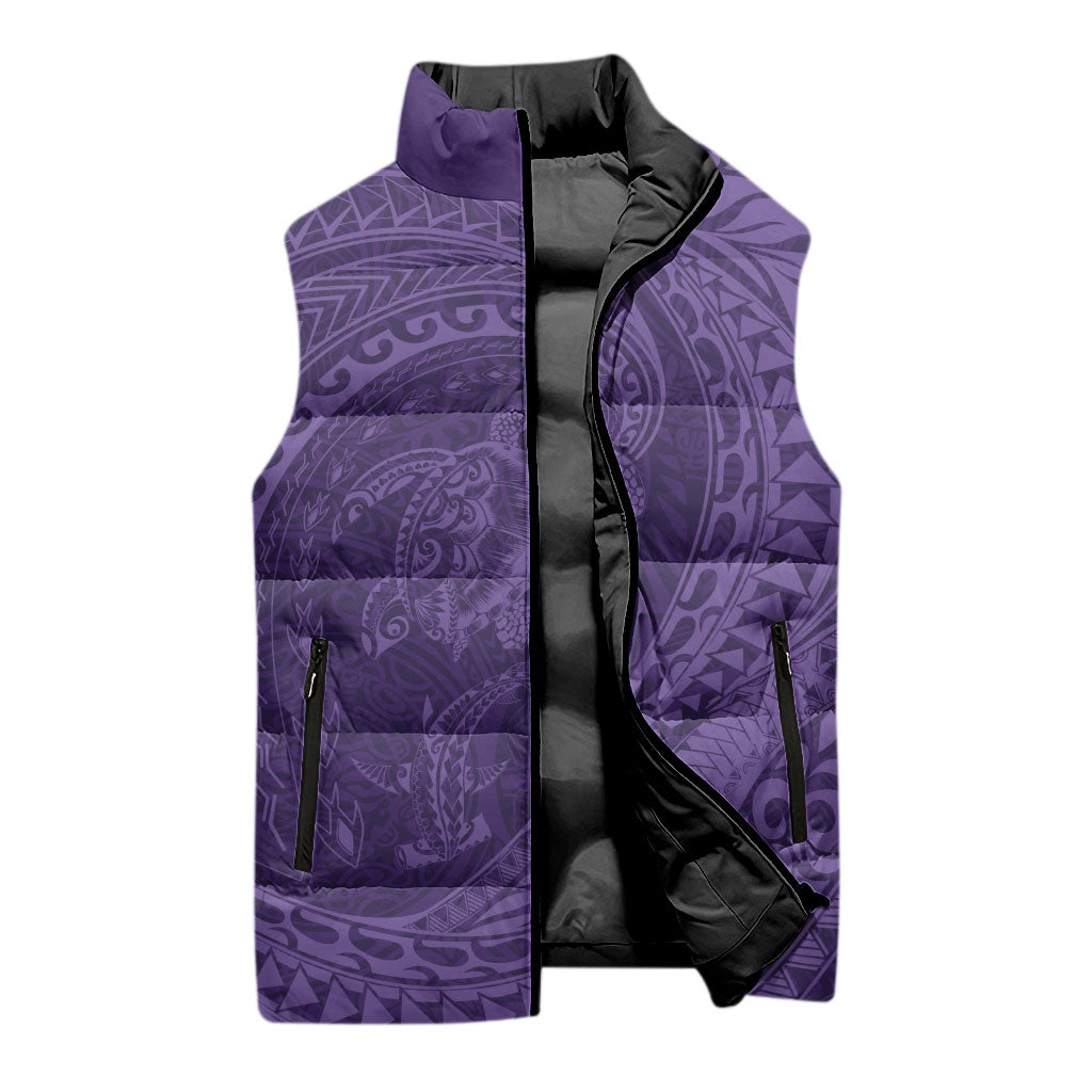 Hawaiian Turtle and Shark Sleeveless Puffer Jacket Kakau Tribal with Polynesian Pattern Purple Color LT03 - Polynesian Pride