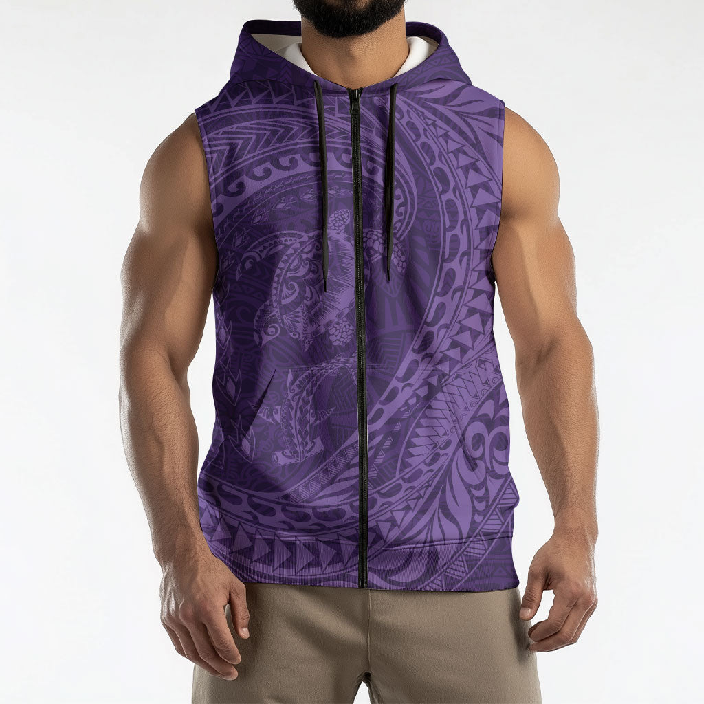 Hawaiian Turtle and Shark Sleeveless Zip Hoodie Kakau Tribal with Polynesian Pattern Purple Color LT03 - Polynesian Pride