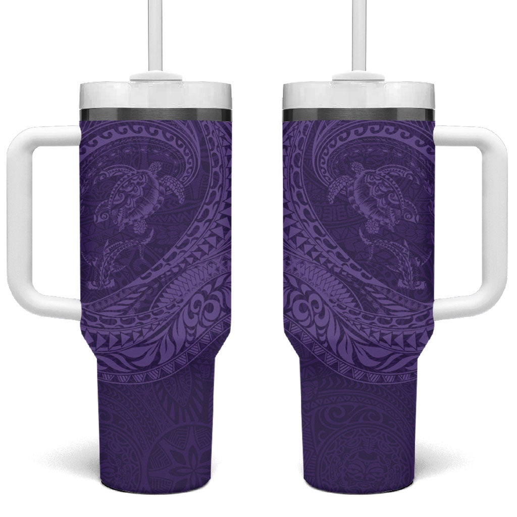 Hawaiian Turtle and Shark Tumbler With Handle Kakau Tribal with Polynesian Pattern Purple Color LT03 One Size: 40 oz Purple - Polynesian Pride