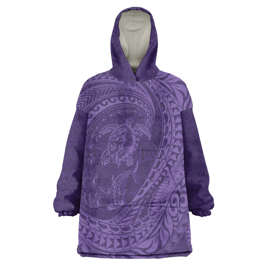 Hawaiian Turtle and Shark Wearable Blanket Hoodie Kakau Tribal with Polynesian Pattern Purple Color LT03 One Size Purple - Polynesian Pride