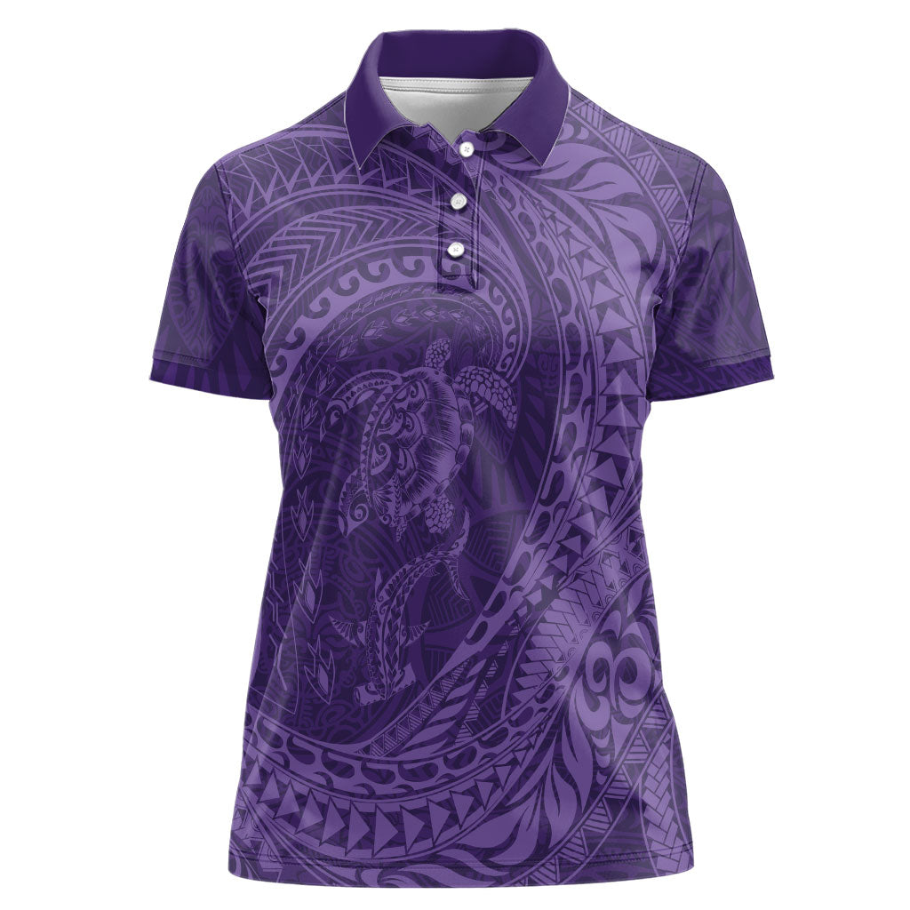 Hawaiian Turtle and Shark Women Polo Shirt Kakau Tribal with Polynesian Pattern Purple Color LT03 Female Purple - Polynesian Pride