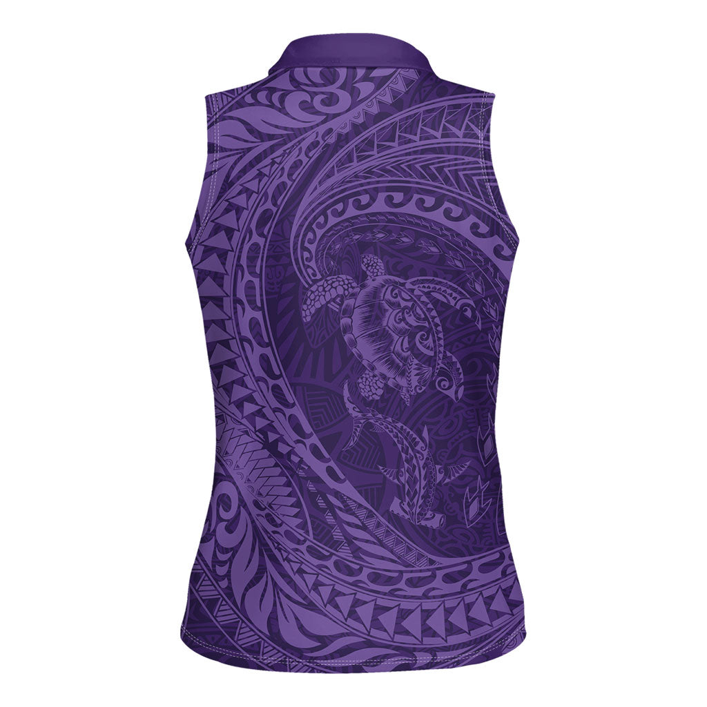 Hawaiian Turtle and Shark Women Sleeveless Polo Shirt Kakau Tribal with Polynesian Pattern Purple Color LT03 - Polynesian Pride