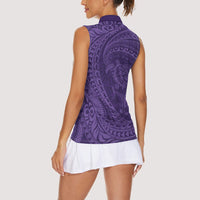 Hawaiian Turtle and Shark Women Sleeveless Polo Shirt Kakau Tribal with Polynesian Pattern Purple Color LT03 - Polynesian Pride