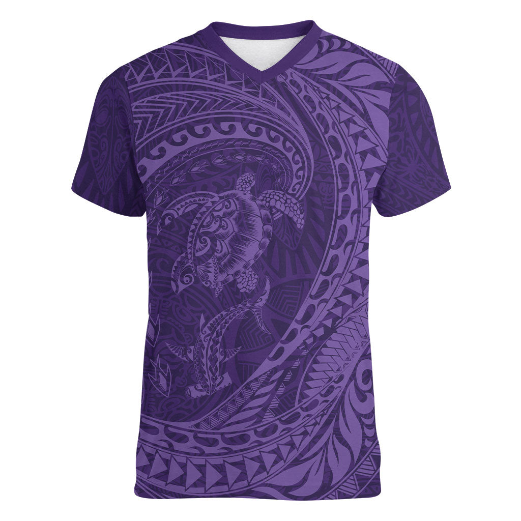 Hawaiian Turtle and Shark Women V-Neck T-Shirt Kakau Tribal with Polynesian Pattern Purple Color LT03 Female Purple - Polynesian Pride