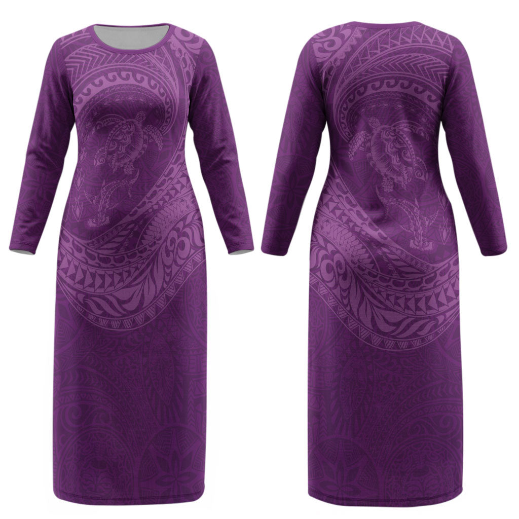 Hawaiian Turtle and Shark Couples Matching Long Sleeve Bodycon Dress and Long Sleeve Button Shirt Kakau Tribal with Polynesian Pattern Pink Color LT03 - Polynesian Pride