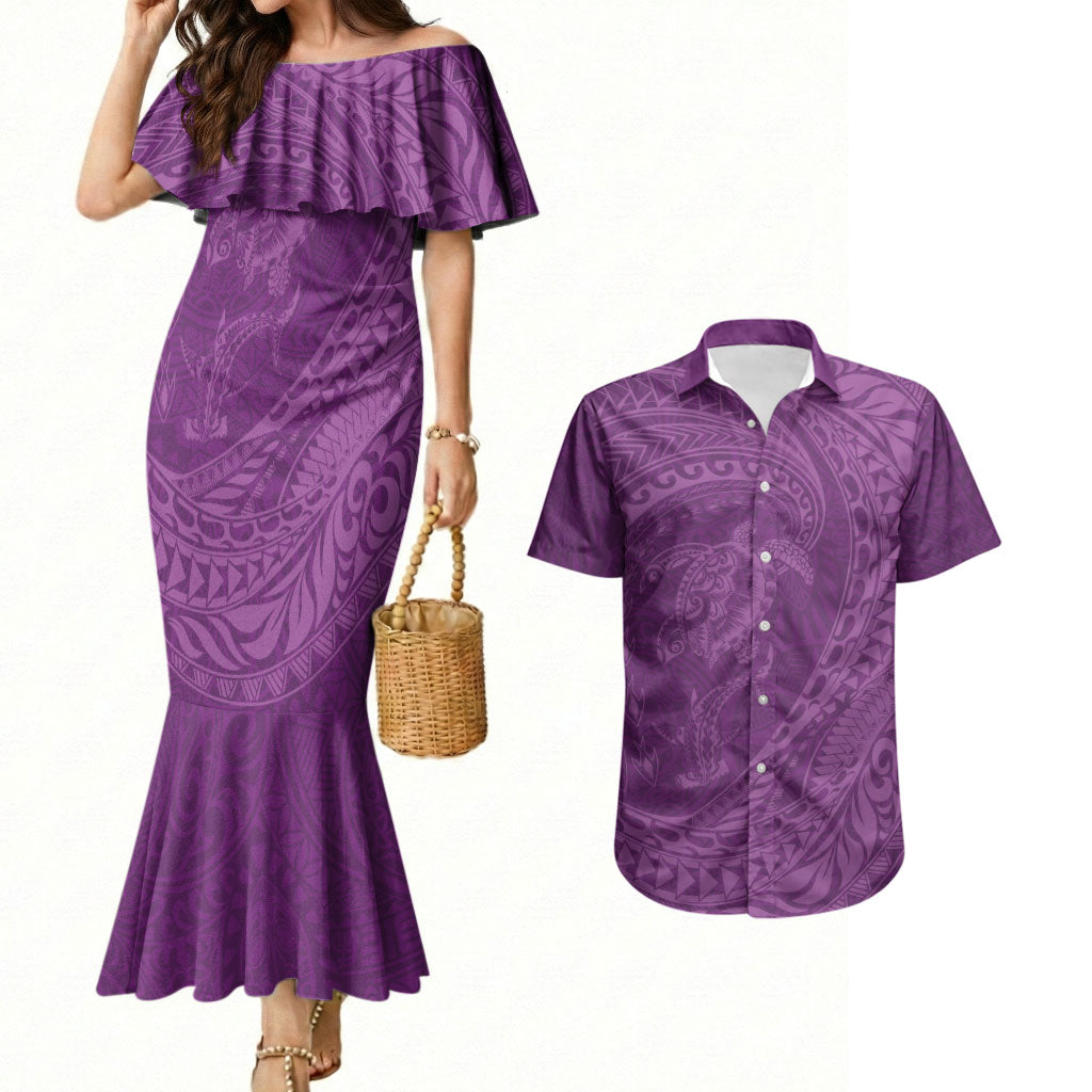 Hawaiian Turtle and Shark Couples Matching Mermaid Dress and Hawaiian Shirt Kakau Tribal with Polynesian Pattern Pink Color LT03 Pink - Polynesian Pride