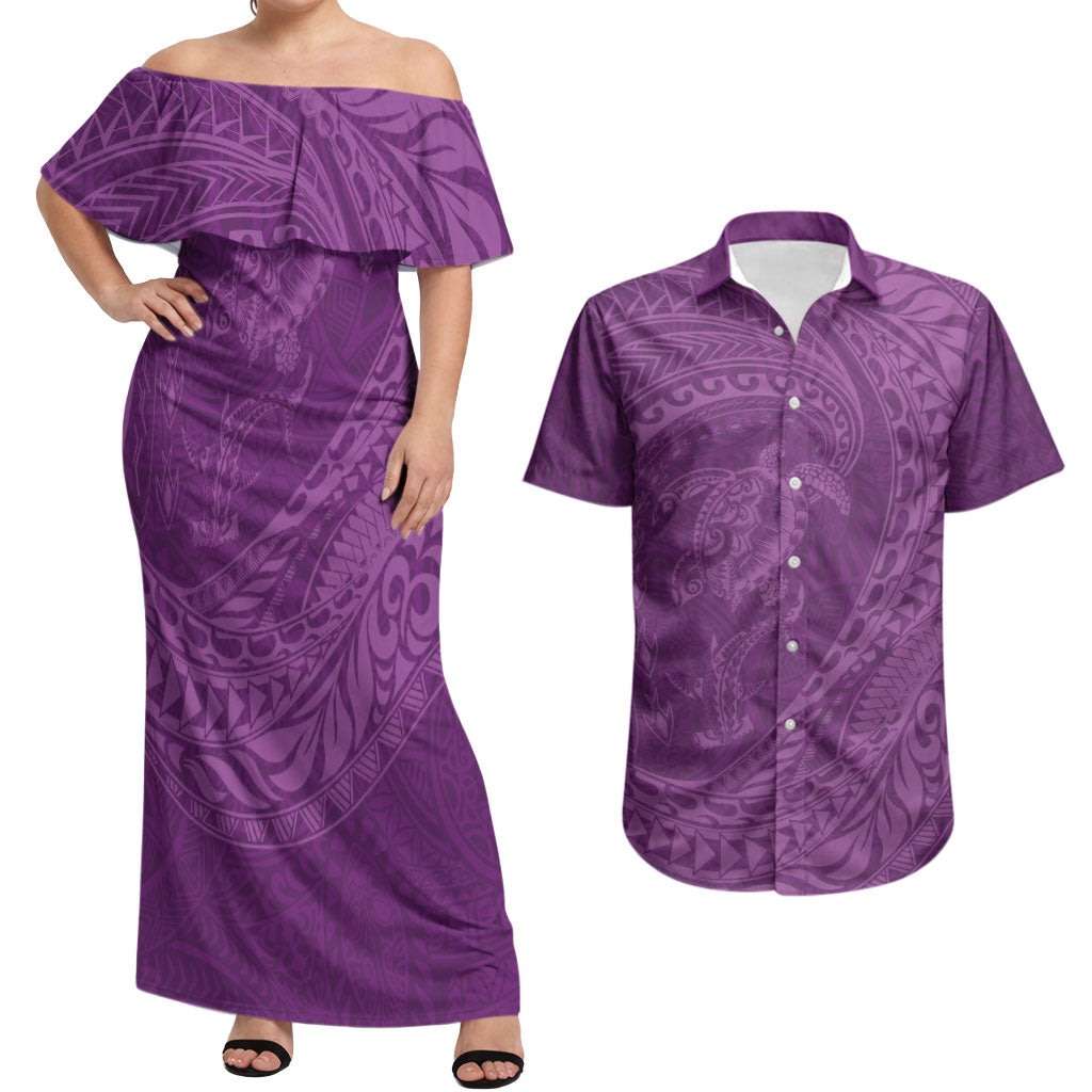 Hawaiian Turtle and Shark Couples Matching Off Shoulder Maxi Dress and Hawaiian Shirt Kakau Tribal with Polynesian Pattern Pink Color LT03 Pink - Polynesian Pride
