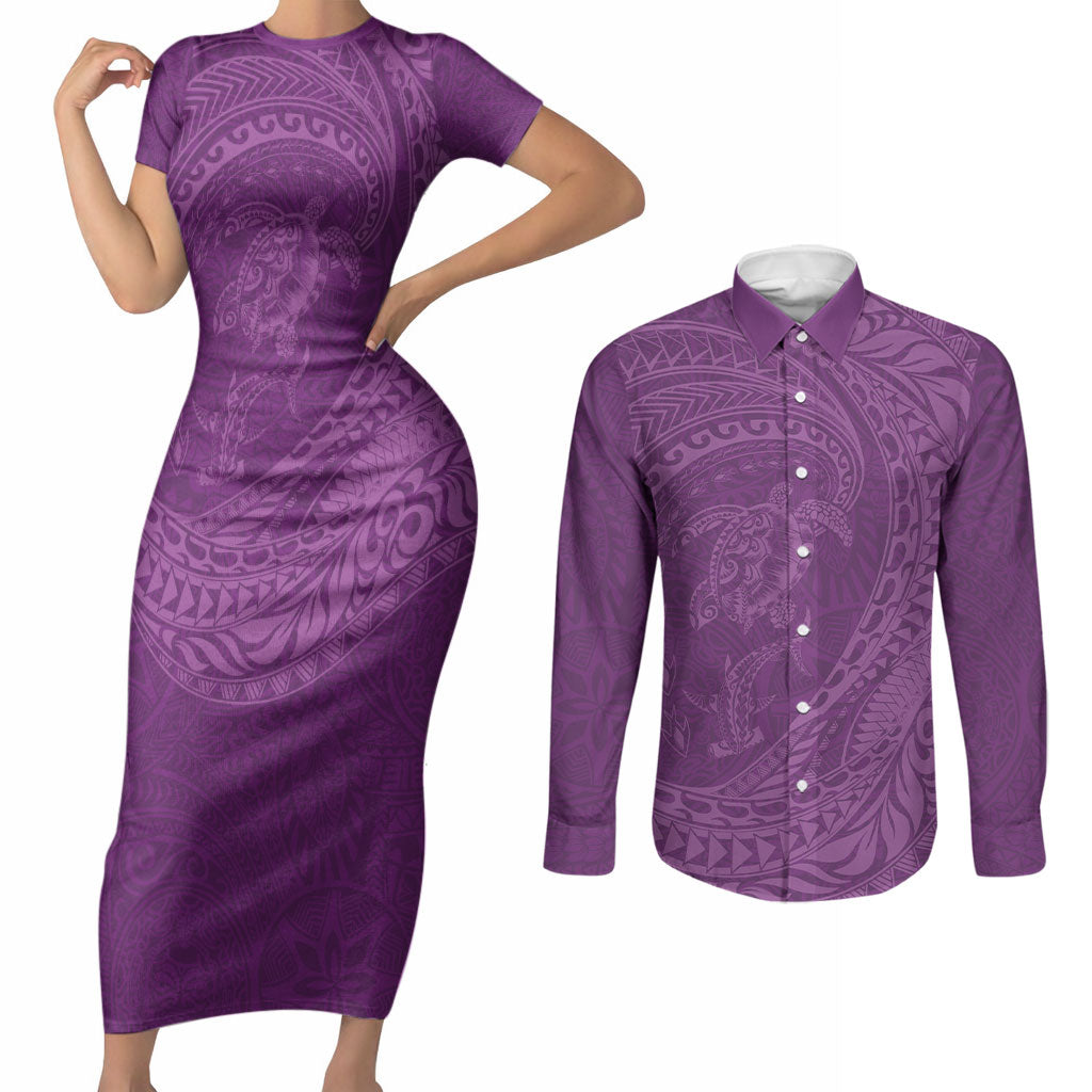 Hawaiian Turtle and Shark Couples Matching Short Sleeve Bodycon Dress and Long Sleeve Button Shirt Kakau Tribal with Polynesian Pattern Pink Color LT03 Pink - Polynesian Pride