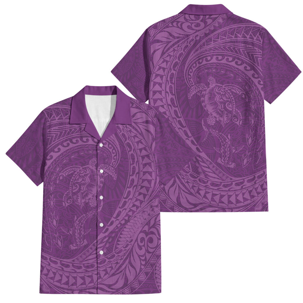Hawaiian Turtle and Shark Family Matching Long Sleeve Bodycon Dress and Hawaiian Shirt Kakau Tribal with Polynesian Pattern Pink Color LT03 Dad's Shirt - Short Sleeve Pink - Polynesian Pride