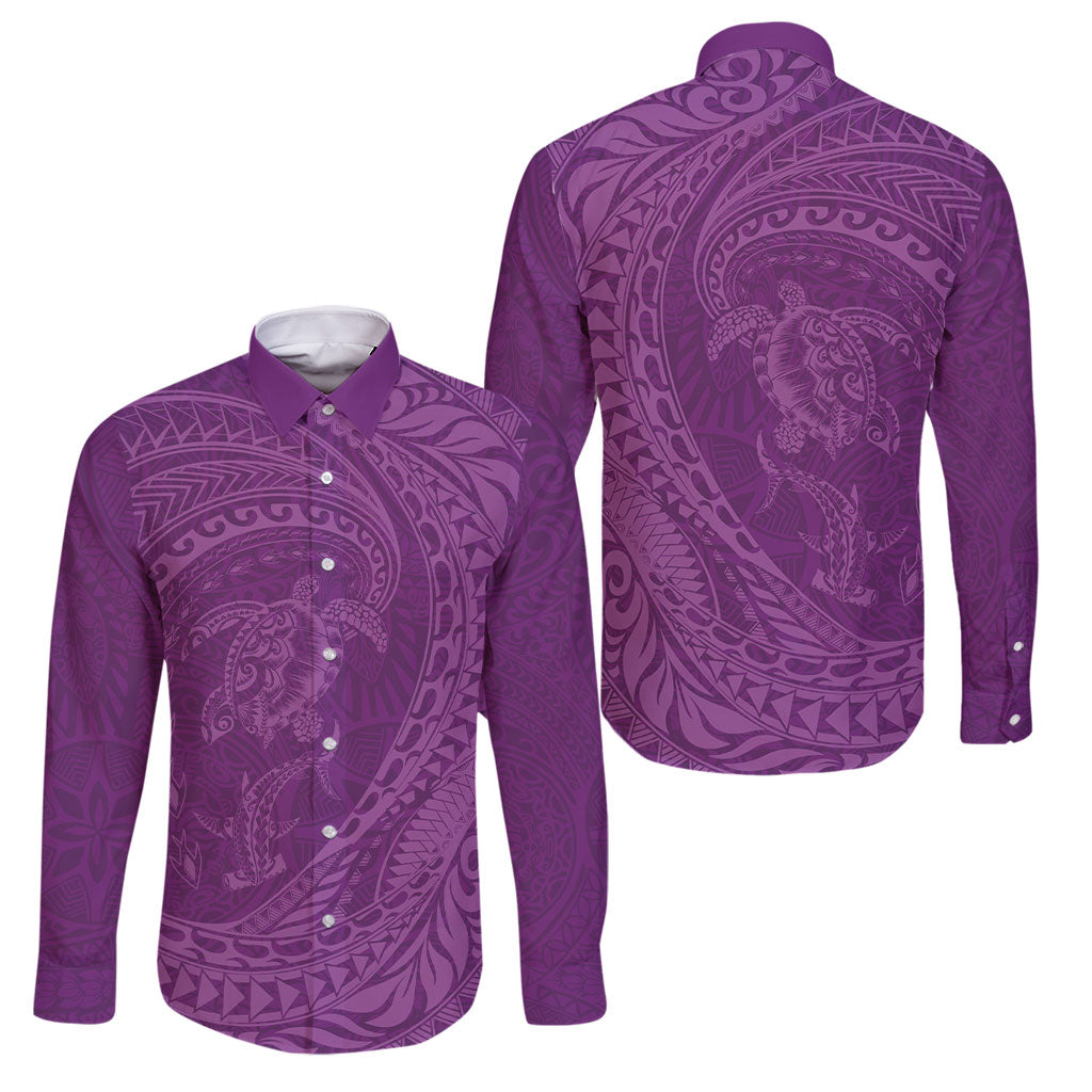 Hawaiian Turtle and Shark Family Matching Long Sleeve Bodycon Dress and Hawaiian Shirt Kakau Tribal with Polynesian Pattern Pink Color LT03 Dad's Shirt - Long Sleeve Pink - Polynesian Pride