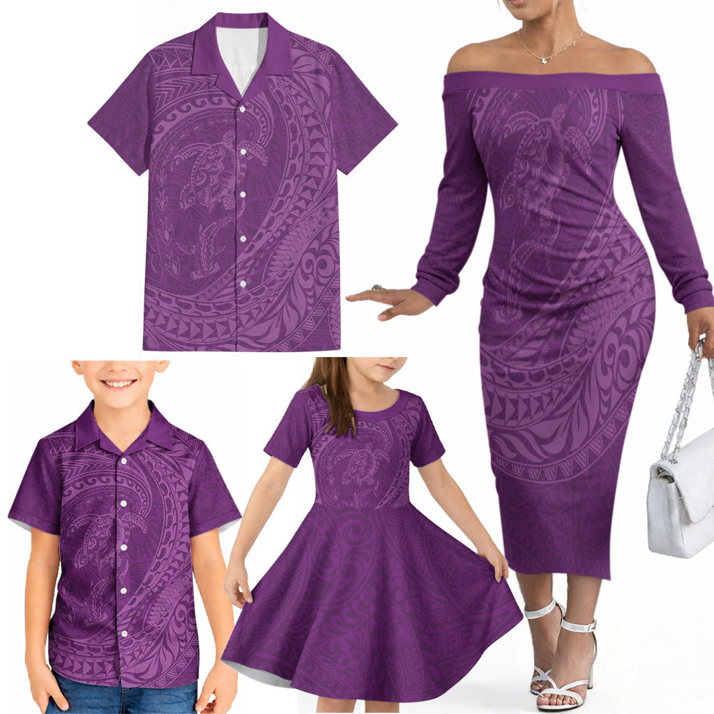 Hawaiian Turtle and Shark Family Matching Off The Shoulder Long Sleeve Dress and Hawaiian Shirt Kakau Tribal with Polynesian Pattern Pink Color LT03 - Polynesian Pride