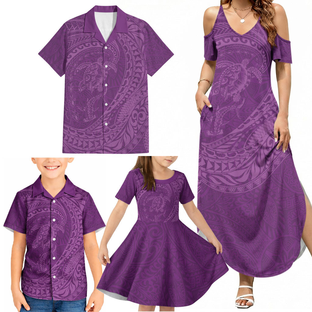 Hawaiian Turtle and Shark Family Matching Summer Maxi Dress and Hawaiian Shirt Kakau Tribal with Polynesian Pattern Pink Color LT03 - Polynesian Pride