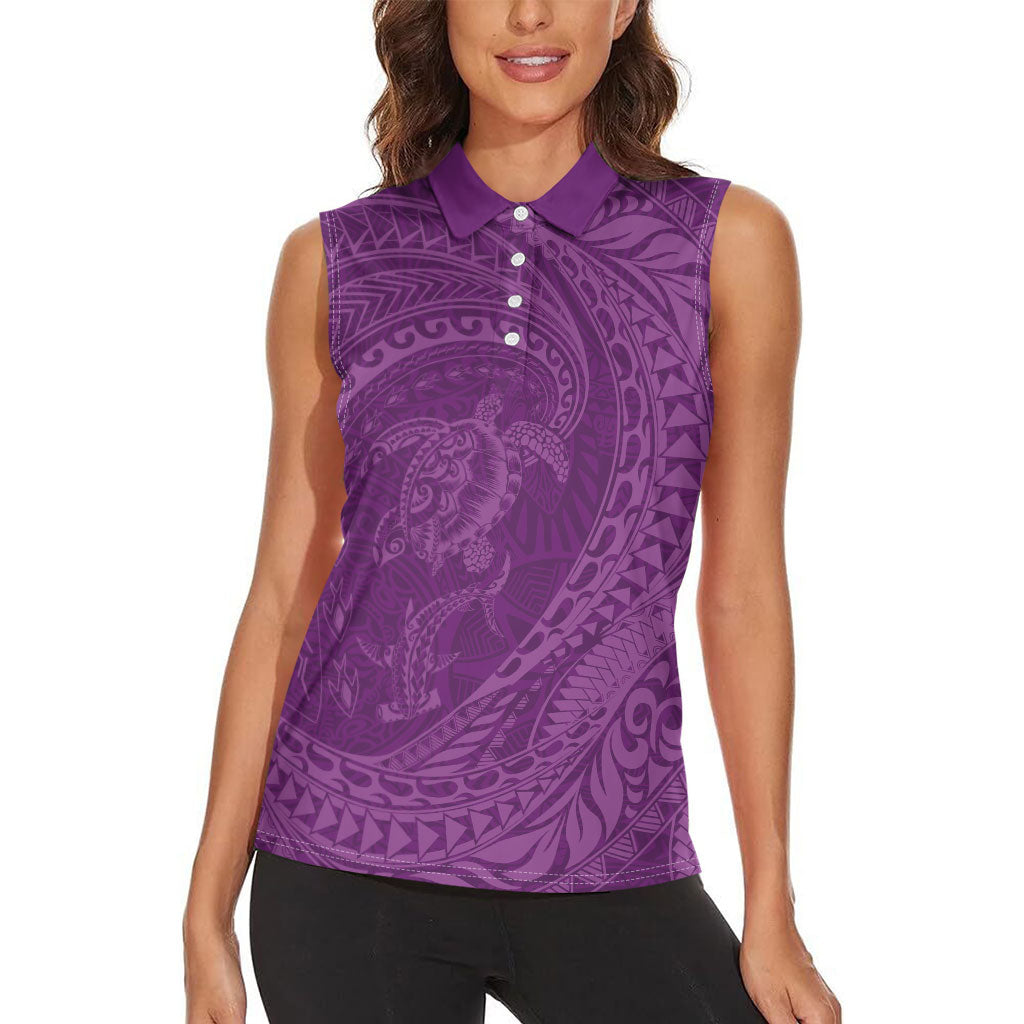 Hawaiian Turtle and Shark Women Sleeveless Polo Shirt Kakau Tribal with Polynesian Pattern Pink Color LT03 - Polynesian Pride