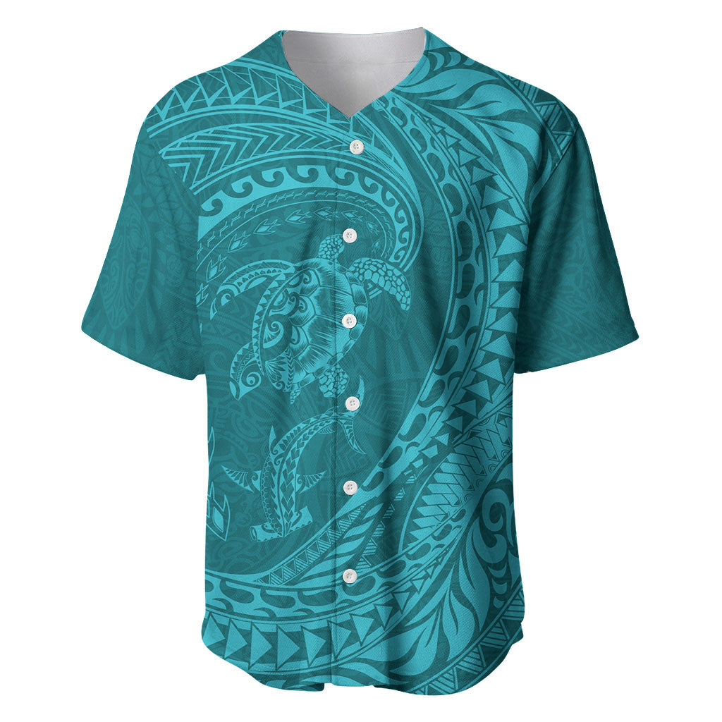 Hawaiian Turtle and Shark Baseball Jersey Kakau Tribal with Polynesian Pattern Turquoise Color LT03 Turquoise - Polynesian Pride