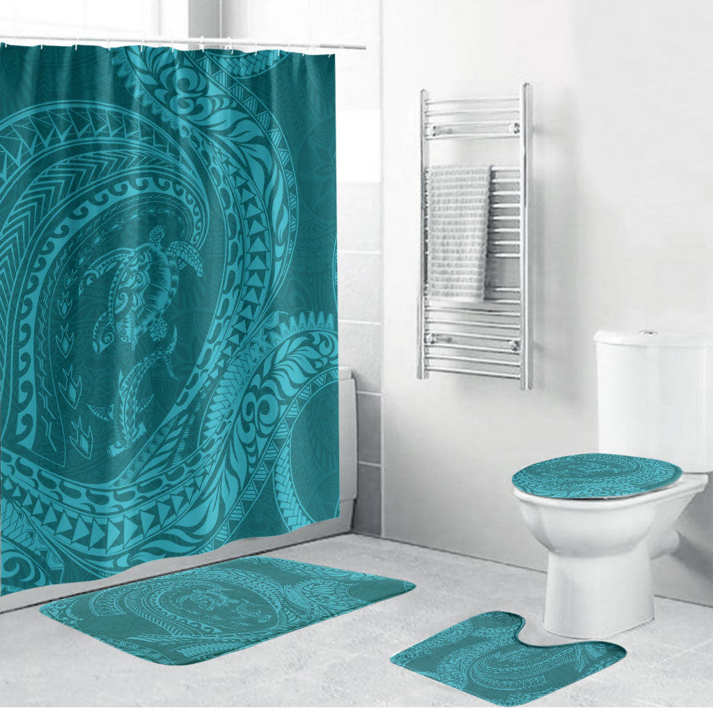 Hawaiian Turtle and Shark Bathroom Set Kakau Tribal with Polynesian Pattern Turquoise Color LT03 Bathroom Set (4 pcs) Turquoise - Polynesian Pride