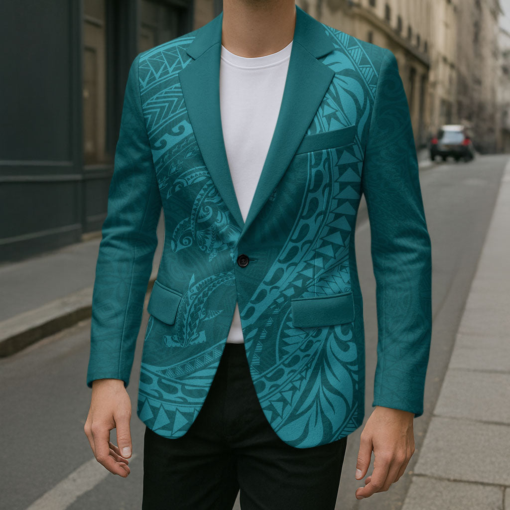 Hawaiian Turtle and Shark Blazer Kakau Tribal with Polynesian Pattern Turquoise Color LT03 - Polynesian Pride