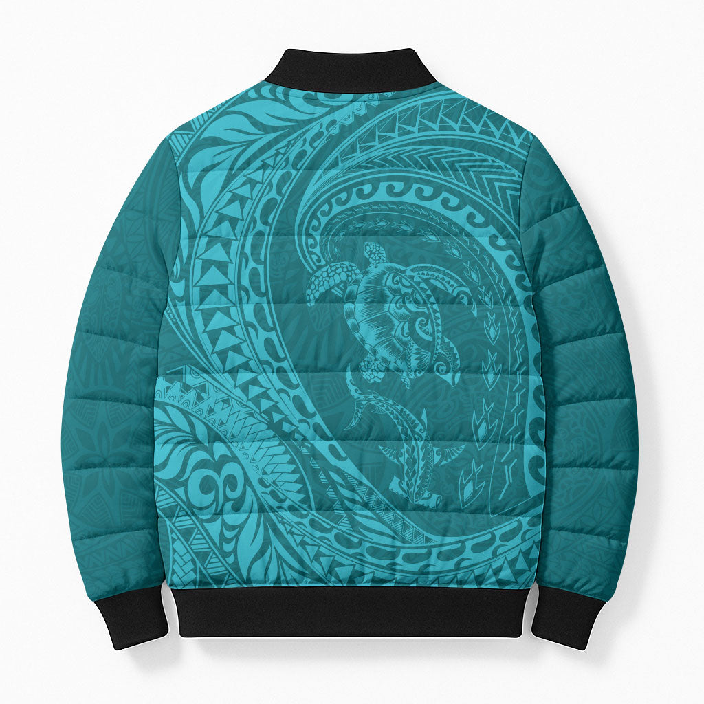 Hawaiian Turtle and Shark Bomber Puffer Jacket Kakau Tribal with Polynesian Pattern Turquoise Color LT03 - Polynesian Pride