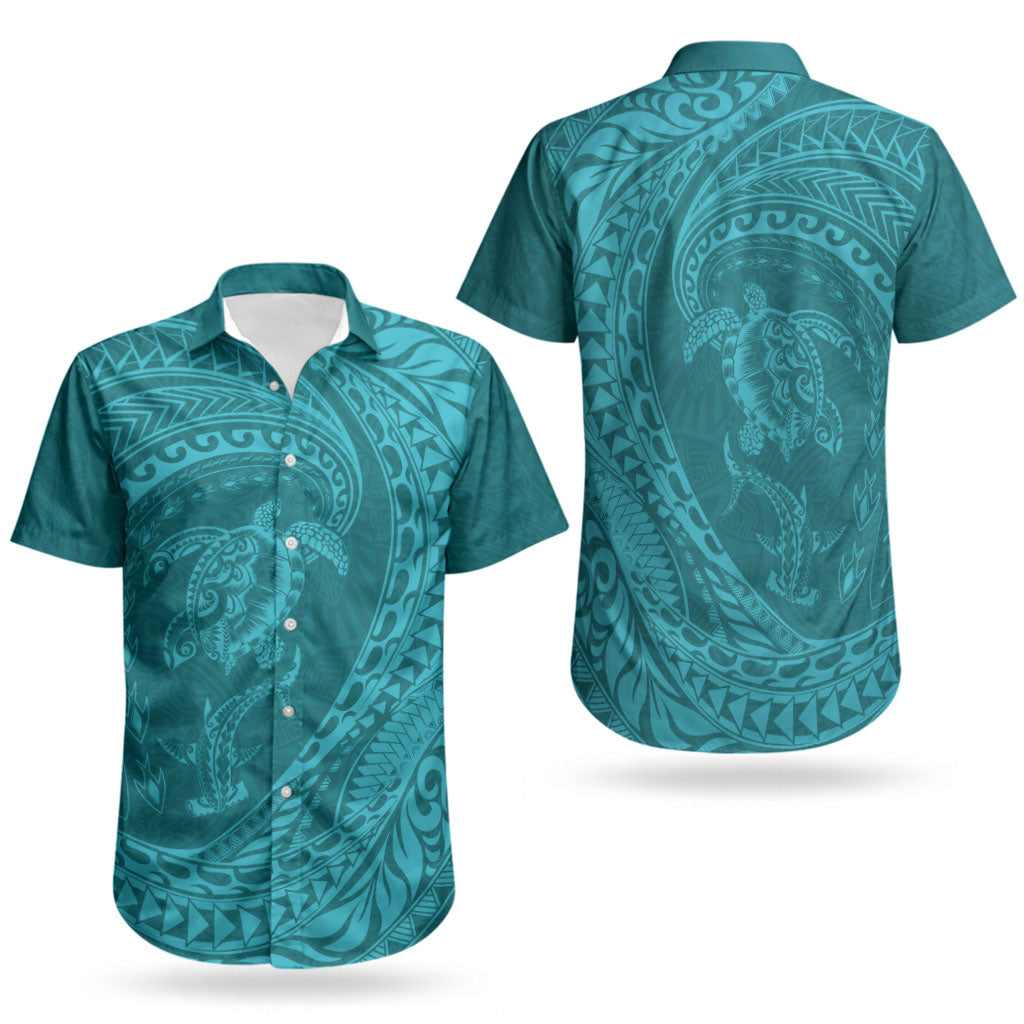 Hawaiian Turtle and Shark Couples Matching Mermaid Dress and Hawaiian Shirt Kakau Tribal with Polynesian Pattern Turquoise Color LT03 - Polynesian Pride