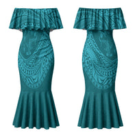 Hawaiian Turtle and Shark Couples Matching Mermaid Dress and Hawaiian Shirt Kakau Tribal with Polynesian Pattern Turquoise Color LT03 - Polynesian Pride