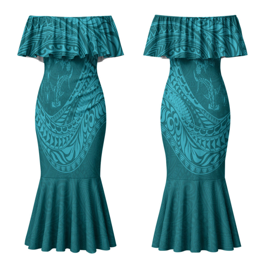 Hawaiian Turtle and Shark Couples Matching Mermaid Dress and Long Sleeve Button Shirt Kakau Tribal with Polynesian Pattern Turquoise Color LT03 - Polynesian Pride