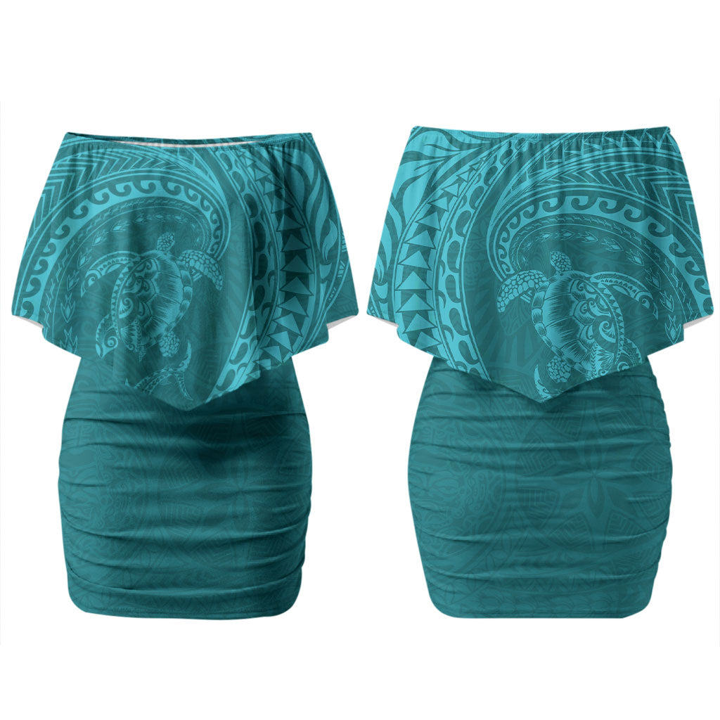 Hawaiian Turtle and Shark Couples Matching Off Shoulder Short Dress and Hawaiian Shirt Kakau Tribal with Polynesian Pattern Turquoise Color LT03 - Polynesian Pride