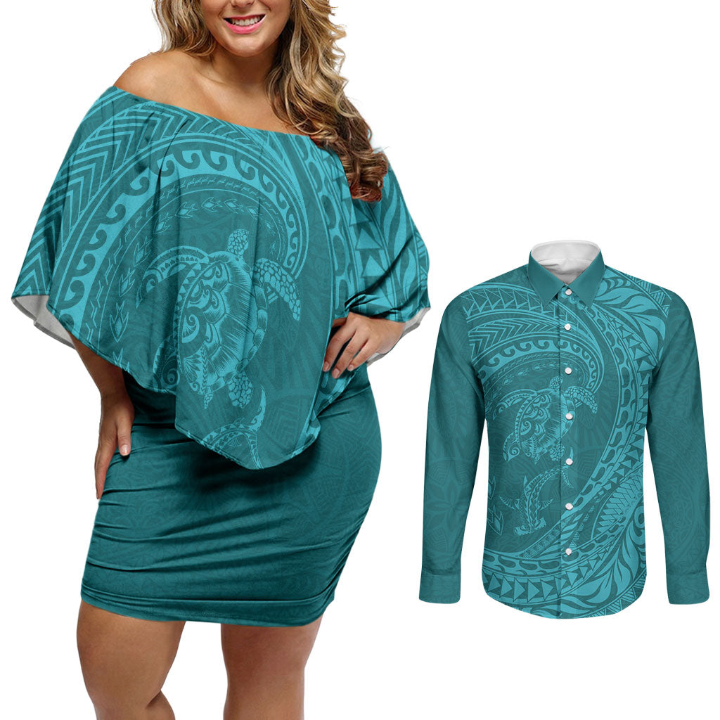 Hawaiian Turtle and Shark Couples Matching Off Shoulder Short Dress and Long Sleeve Button Shirt Kakau Tribal with Polynesian Pattern Turquoise Color LT03 Turquoise - Polynesian Pride