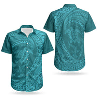 Hawaiian Turtle and Shark Couples Matching Off The Shoulder Long Sleeve Dress and Hawaiian Shirt Kakau Tribal with Polynesian Pattern Turquoise Color LT03 - Polynesian Pride