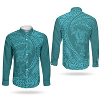 Hawaiian Turtle and Shark Couples Matching Off The Shoulder Long Sleeve Dress and Long Sleeve Button Shirt Kakau Tribal with Polynesian Pattern Turquoise Color LT03 - Polynesian Pride
