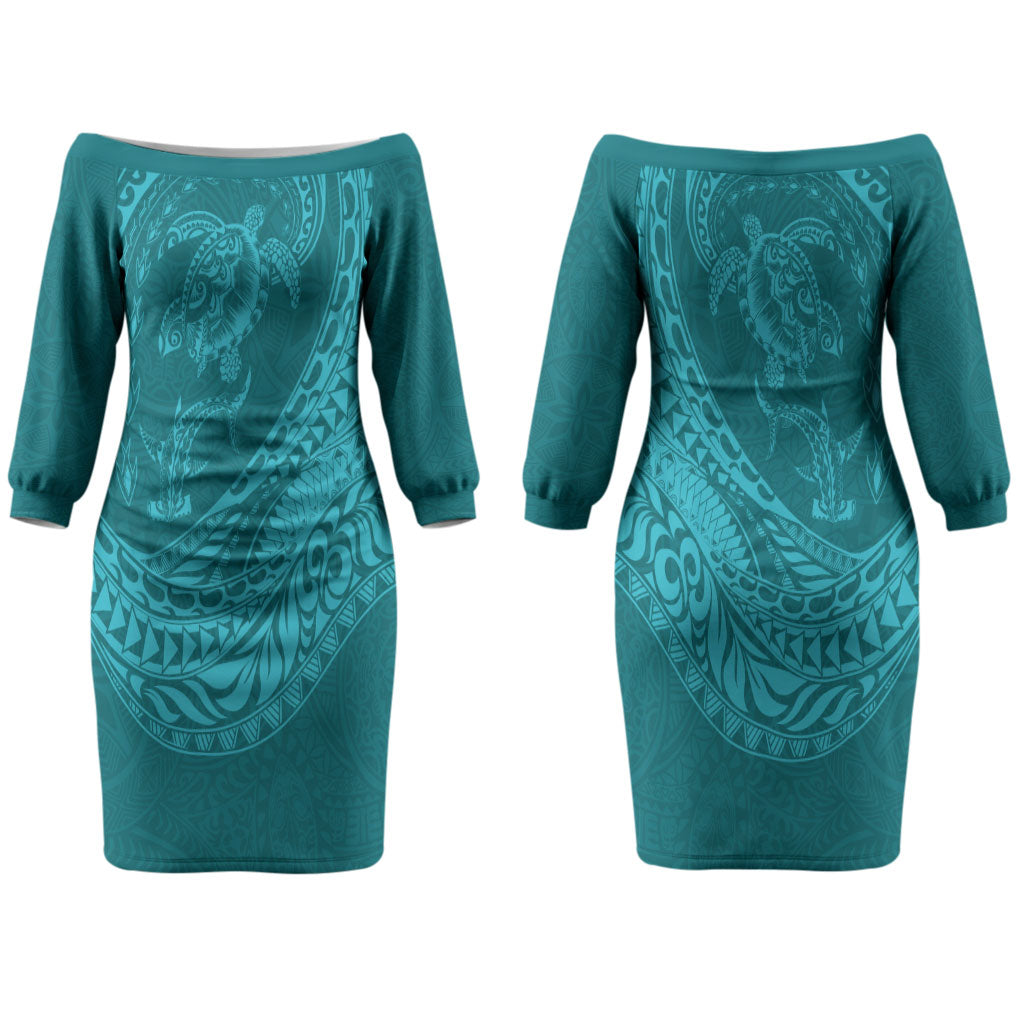 Hawaiian Turtle and Shark Couples Matching Off The Shoulder Long Sleeve Dress and Long Sleeve Button Shirt Kakau Tribal with Polynesian Pattern Turquoise Color LT03 - Polynesian Pride
