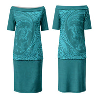 Hawaiian Turtle and Shark Couples Matching Puletasi and Hawaiian Shirt Kakau Tribal with Polynesian Pattern Turquoise Color LT03 - Polynesian Pride