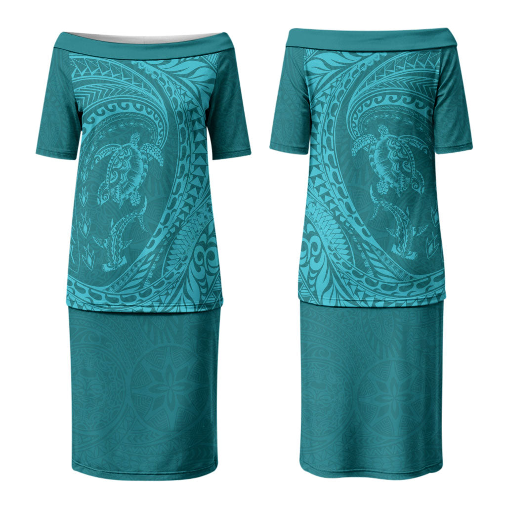 Hawaiian Turtle and Shark Couples Matching Puletasi and Long Sleeve Button Shirt Kakau Tribal with Polynesian Pattern Turquoise Color LT03 - Polynesian Pride
