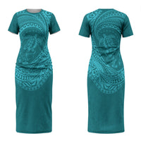 Hawaiian Turtle and Shark Couples Matching Short Sleeve Bodycon Dress and Hawaiian Shirt Kakau Tribal with Polynesian Pattern Turquoise Color LT03 - Polynesian Pride