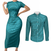 Hawaiian Turtle and Shark Couples Matching Short Sleeve Bodycon Dress and Long Sleeve Button Shirt Kakau Tribal with Polynesian Pattern Turquoise Color LT03 Turquoise - Polynesian Pride