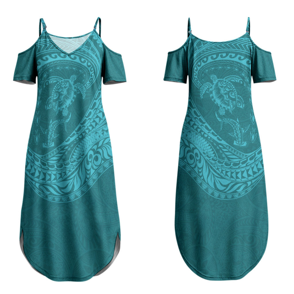 Hawaiian Turtle and Shark Couples Matching Summer Maxi Dress and Hawaiian Shirt Kakau Tribal with Polynesian Pattern Turquoise Color LT03 - Polynesian Pride
