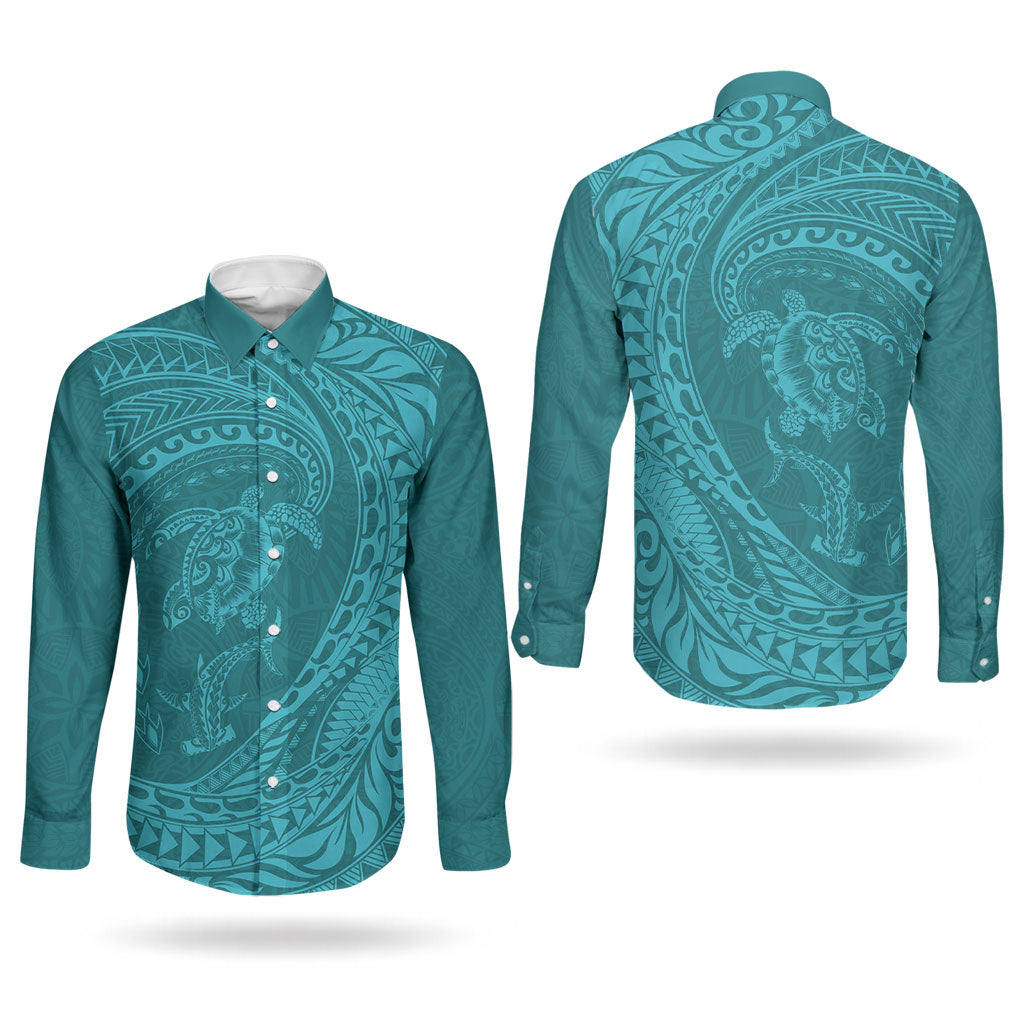 Hawaiian Turtle and Shark Couples Matching Summer Maxi Dress and Long Sleeve Button Shirt Kakau Tribal with Polynesian Pattern Turquoise Color LT03 - Polynesian Pride