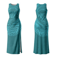 Hawaiian Turtle and Shark Couples Matching Tank Maxi Dress and Hawaiian Shirt Kakau Tribal with Polynesian Pattern Turquoise Color LT03 - Polynesian Pride
